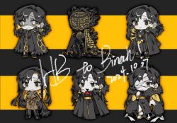 1girl alternate_costume ascot bandage_over_one_eye binah_(project_moon) black_ascot black_cape black_coat black_dress black_eyes black_hair black_shoes blonde_hair bngb_love brown_coat cape character_name chibi coat colored_inner_hair dress earrings full_body fur-trimmed_coat fur_trim gem happy_birthday hexagon_print highres jewelry library_of_ruina lobotomy_corporation long_hair long_sleeves looking_at_viewer mole mole_under_eye multicolored_hair multiple_views project_moon shoes short_hair simple_background standing white_eyes yellow_background yellow_gemstone