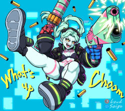 1girl aqua_background aqua_hair artificial_eye artist_name assertive_female bikini black_bikini blue_skin breasts chest_tattoo colored_sclera colored_skin cyberpunk_(series) cyberpunk_edgerunners dual_wielding english_text fang female_focus firing floating_hair full_body gloves gun hand_up headgear holding holding_gun holding_weapon jacket jumping leg_tattoo legs lewdsaiga long_hair looking_at_viewer mechanical_eye midriff navel neck open_clothes open_jacket open_mouth outstretched_arm outstretched_legs parted_bangs petite rebecca_(cyberpunk) red_sclera shell_casing shoe_soles shoes small_breasts sneakers spread_legs stomach_tattoo swimsuit tattoo thighs twintails v-shaped_eyebrows weapon yellow_eyes