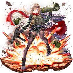 1girl ammunition_pouch artist_request belt belt_buckle belt_pouch black_belt black_gloves black_shoes blonde_hair bomb breasts buckle building bullet camouflage camouflage_shorts debris explosive final_gear full_body gloves green_eyes grenade grenade_pin grin gun hair_between_eyes hair_ornament highres holding holding_gun holding_weapon leg_belt leigh_(final_gear) long_hair m67 magazine_(weapon) medium_breasts military military_uniform multicolored_shoes multicolored_shorts multicolored_sleeves official_art pantyhose pouch red_scarf rocket_launcher scarf shoes shorts sidelocks simple_background smile sneakers solo tachi-e thigh_strap third-party_source transparent_background two-tone_shoes very_long_hair weapon weapon_request