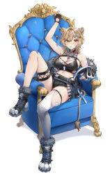 1girl absurdres animal_ears arm_up armpits bare_shoulders belt black_choker black_gloves black_jacket black_shirt black_shorts boots breasts brown_hair chest_harness choker cleavage crop_top faruhan gloves harness hazumi_aileen highleg highres indie_virtual_youtuber jacket jewelry large_breasts leg_up lion_ears lion_tail looking_at_viewer medium_hair midriff mole mole_on_breast navel necklace off_shoulder second-party_source shirt short_shorts shorts simple_background single_thighhigh sitting skindentation sleeveless sleeveless_shirt solo spaghetti_strap stomach tail thigh_strap thighhighs thighs throne virtual_youtuber white_background yellow_eyes