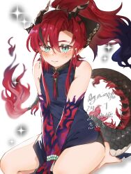 1boy again_nuo aqua_eyes arknights artist_name bare_shoulders between_legs black_shirt blush chinese_text colored_extremities dated dragon_boy dragon_horns dragon_tail eastern_dragon_horns eastern_dragon_tail forked_eyebrows full_body hair_between_eyes hand_between_legs highres horns looking_at_viewer male_focus pointy_ears ponytail red_hair seiza shirt shirt_tug signature sitting sleeveless sleeveless_shirt solo sparkle tail tearing_up translation_request white_background yu_(arknights)