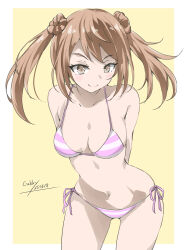1girl bikini blush breasts brown_eyes brown_hair cowboy_shot double_bun gakky hair_bun highres kantai_collection michishio_(kancolle) navel one-hour_drawing_challenge pink_bikini short_hair short_twintails small_breasts smile striped_bikini striped_clothes swimsuit twintails white_background yellow_background