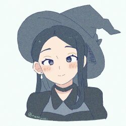 Rule 34 | 1girl, black choker, black dress, black eyes, black hair, black hat, blush, choker, closed mouth, collared dress, commentary, cross-eyed, dress, earrings, film grain, futsuu no keion-bu, halloween costume, hat, jewelry, long hair, namiuchi07, official alternate costume, oomichi yuuki, parted bangs, portrait, smile, solo, twitter username, white background, witch hat