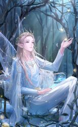 1boy aloysius_(shining_nikki) artist_request barefoot blonde_hair blue_cape blue_robe blue_shirt blue_wings bug butterfly cape collarbone dappled_moonlight expressionless fairy fairy_wings feet_out_of_frame fireflies forest game_cg green_eyes hair_flowing_over hand_on_lap head_wreath highres horns insect knees_up light_particles lips log long_hair long_sidelocks long_sleeves looking_ahead male_focus moonlight nature night nikki_(series) official_art outdoors outstretched_hand parted_lips pointy_ears robe shining_nikki shirt sidelocks sitting solo straight_hair very_long_hair white_butterfly wings
