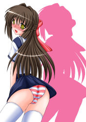 Rule 34 | 00s, 1boy, ass, blush, bow, brown hair, bulge, clannad, clothes lift, crossdressing, hair bow, hair intakes, izumi yayoi, long hair, looking at viewer, looking back, male focus, open mouth, panties, pantyshot, school uniform, serafuku, shima katsuki, skirt, skirt lift, solo, striped clothes, striped panties, thighhighs, trap, underwear, white thighhighs, yellow eyes
