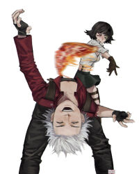 1boy 1girl black_gloves black_hair closed_eyes coat dante_(devil_may_cry) devil_may_cry devil_may_cry_(series) devil_may_cry_3 dontforgetthepaininourhearts fingerless_gloves food gloves highres lady_(devil_may_cry) man_dodging_a_kettle_(meme) meme midriff open_mouth pizza pizza_slice red_coat scar scar_on_face scar_on_nose shirt simple_background skirt smile thigh_strap throwing throwing_food white_background white_hair white_shirt