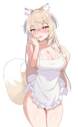 1girl absurdres animal_ear_fluff animal_ears apron blonde_hair blue_hair blush breasts cleavage dog_ears dog_girl dog_tail fang fuwawa_abyssgard highres hololive hololive_english large_breasts long_hair multicolored_hair naked_apron open_mouth pink_eyes sasaki_ikuya skin_fang solo streaked_hair tail two_side_up virtual_youtuber white_background