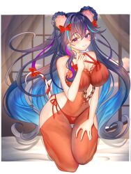Rule 34 | 1girl, animal ears, black hair, blue hair, bow, breasts, closed mouth, colored inner hair, earrings, hair bow, hand on own thigh, heart, heart panties, heart print, highres, indie virtual youtuber, jewelry, kneeling, lace trim, linea alba, long hair, medium breasts, mouse ears, mouse girl, mouse tail, multicolored hair, navel, panties, print panties, purple eyes, purple hair, red bow, red panties, rinnexus, ruru912, second-party source, see-through clothes, shadow, side-tie panties, smile, solo, streaked hair, tail, tail bow, tail ornament, thigh gap, underwear, virtual youtuber