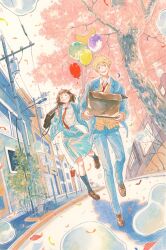 1boy 1girl 9484gu :d absurdres bag balloon black_socks blazer blonde_hair blue_jacket blue_pants blue_skirt box breast_pocket brown_eyes brown_hair brown_shoes building cardboard_box cherry_blossoms closed_eyes closed_mouth collared_shirt day highres holding holding_bag holding_balloon holding_box iwakura_mitsumi jacket loafers long_sleeves looking_at_viewer medium_skirt necktie open_mouth outdoors pants pocket power_lines red_necktie road school_bag school_uniform shima_sousuke shirt shoes short_hair skip_to_loafer skirt smile socks sweater town traditional_media tree tsubame_nishi_high_school_uniform utility_pole very_short_hair walking white_shirt yellow_sweater
