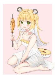 1girl absurdres alternate_costume animal_ears barefoot blonde_hair blush dress green_eyes highres ju_fufu looking_at_viewer open_mouth skywalk solo tail tiger_ears tiger_girl tiger_stripes tiger_tail white_dress white_hair zenless_zone_zero