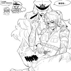 Rule 34 | 1boy, 1girl, 8ight, arm tattoo, basket, bottomless, braid, censored, chibi, chibi inset, chinese text, collared shirt, egg laying, facial tattoo, freckles, gloves, hand on another&#039;s stomach, hat, heathcliff (project moon), hetero, highres, holding, holding basket, ishmael (project moon), limbus company, long hair, multiple views, peaked cap, pequod (identity) (project moon), pocket, project moon, quad braids, rope gag, shirt, short hair, side braids, sleeveless, spread legs, sweat, tattoo, testicles, translation request, under covers, very long hair, vest