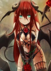 1girl aqua_eyes bandages bare_shoulders bdsm black_panties black_thighhighs blush bondage bound bound_arms chain demon_girl demon_horns demon_tail demon_wings earrings female_focus flower head_wings horns jewelry leaning_forward long_hair looking_at_viewer maho_moco navel original panties plant pointy_ears red_flower red_hair red_rose revealing_clothes rose scar sidelocks solo tail thighhighs underwear very_long_hair vines wings