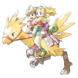1boy 1girl bartz_klauser blonde_hair blue_eyes boco boots brown_hair cape chocobo dress eggru final_fantasy final_fantasy_v full_body highres krile_mayer_baldesion_(ff5) long_hair open_mouth ponytail simple_background smile white_background