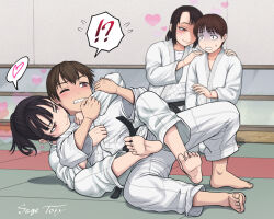 2boys 2girls age_difference barefoot belt black_belt femdom fighting heart judo mixed-sex_combat mixed_wrestling multiple_boys multiple_girls onee-shota original sadism sage_tory short_hair shota smile sweatdrop wrestling