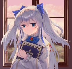1girl absurdres blue_bow blue_bowtie blue_eyes book bow bowtie celia_claire commentary_request grey_hair highres holding holding_book hugging_book hugging_object long_hair nanjonyanya seirei_gensouki shirt solo two_side_up white_shirt