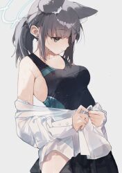 1girl animal_ears black_one-piece_swimsuit blue_archive blue_halo breasts collarbone competition_swimsuit cowboy_shot cross_hair_ornament ear_piercing earrings extra_ears grey_eyes grey_hair grey_skirt hair_ornament halo higa_(gominami) highres jewelry looking_down medium_breasts medium_hair official_alternate_costume official_alternate_hairstyle one-piece_swimsuit piercing plaid_clothes plaid_skirt ponytail see-through_clothes see-through_shirt shiroko_(blue_archive) shiroko_(swimsuit)_(blue_archive) shirt sidelocks simple_background skirt skirt_partially_removed standing stud_earrings swimsuit unbuttoning unworn_shirt wet wet_clothes wet_shirt wet_skirt wet_swimsuit white_background wolf_ears wolf_girl