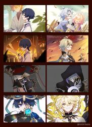 Rule 34 | 1girl, 3boys, absurdres, anemo symbol (genshin impact), antenna hair, arm at side, armor, bare shoulders, black bodysuit, black bridal gauntlets, black cloak, black collar, black eyes, black hair, black hat, black hood, black kimono, black shirt, black sleeves, black undershirt, blonde hair, blue cape, blue gloves, blue hat, blunt bangs, blunt ends, bodysuit, bridal gauntlets, bright pupils, brown hair, burning, burning building, cape, cinders, cloak, closed eyes, closed mouth, clothing cutout, cloud, cloudy sky, collar, collarbone, covered collarbone, cyrene (honkai: star rail), detached collar, dress, dusk, eyeliner, eyeshadow, faceless, faceless female, faceless male, facing another, fingerless gloves, fire, flame reaver of the deepest dark, frilled sleeves, frills, gauntlets, gem, genshin impact, glint, gloves, gold, gold trim, green sky, grey veil, hair over one eye, halo, halo behind head, hammer, hand up, hat, highres, holding, holding gem, holding hammer, holding mask, holding stuffed toy, holding weapon, honkai: star rail, honkai (series), hood, hood up, hooded cloak, in-franchise crossover, japanese armor, japanese clothes, jewelry, jingasa, juban, kariginu, kimono, kote, kurokote, layered sleeves, lens flare, looking at viewer, makeup, mask, mechanical halo, multiple boys, neck ring, niwa (genshin impact), obscured eyes, official alternate hair color, oishii sasa, open mouth, orange sky, pauldrons, phainon (a dream scented in wheat) (honkai: star rail), phainon (honkai: star rail), phainon (khaslana) (honkai: star rail), pink dress, pink hair, purple eyes, purple rope, purple shirt, purple sleeves, red eyeliner, red eyeshadow, red hat, red kimono, red sky, rope, running, scaramouche (genshin impact), scaramouche (kabukimono) (genshin impact), shaded face, shimenawa, shirt, short sleeves, shoulder armor, shoulder cutout, sideways mouth, sky, smile, string, stuffed toy, symbol-shaped pupils, time lapse, turtleneck, turtleneck bodysuit, turtleneck shirt, twitter username, two-tone hat, veil, wanderer (genshin impact), weapon, wheat field, white hair, white kimono, white mouth, white pupils, white rope, white sleeves, white trim, wide-eyed, wrist wrap, yellow halo