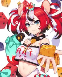 1girl absurdres animal animal_ear_fluff animal_ears animal_on_head asymmetrical_sleeves bare_shoulders black_gloves black_hair blue_bow blue_eyes blurry blurry_background blush bow breasts cheese closed_mouth clothes_writing collar cowboy_shot detached_sleeves dice dice_hair_ornament food gloves hair_between_eyes hair_ornament hakos_baelz hakos_baelz_(1st_costume) heart highres holding holding_food hololive hololive_english key looking_at_viewer medium_breasts medium_hair mismatched_sleeves moursho mouse_ears mouse_girl mouse_on_head mouse_tail mousetrap mr._squeaks_(hakos_baelz) multicolored_hair navel on_head outstretched_arm outstretched_hand red_hair shirt simple_background single_glove smile solo spiked_collar spikes spoken_heart stomach strapless streaked_hair tail tail_bow tail_ornament tube_top twintails virtual_youtuber white_background white_hair white_shirt