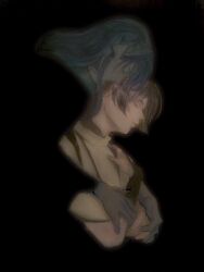 1boy 1girl black_background bridal_gauntlets closed_eyes closed_mouth from_side genshin_impact hair_between_eyes hair_ornament hand_on_own_chest hands_on_another&#039;s_arms heads_together highres hug hug_from_behind japanese_clothes l00106 leaning_forward long_hair long_sleeves mother_and_son purple_hair raiden_shogun scaramouche_(genshin_impact) scaramouche_(kabukimono)_(genshin_impact) short_hair simple_background