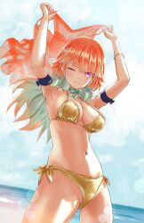 1girl absurdres armpits arms_up beach bikini bracelet breasts cleavage cloud commission day gold_bikini gradient_hair highres hololive hololive_english jewelry lingmu long_hair looking_at_viewer medium_breasts multicolored_hair navel ocean one_eye_closed orange_hair outdoors purple_eyes skeb_commission solo stomach swimsuit takanashi_kiara virtual_youtuber