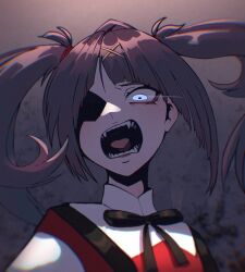 1girl ado_(utaite) ame-chan_(needy_girl_overdose) angry black_hair black_ribbon collared_shirt eye_trail glowing glowing_eye hair_ornament hair_over_one_eye hair_tie highres light_trail looking_at_viewer neck_ribbon needy_girl_overdose open_mouth parody red_shirt ribbon shirt shouting sioell solo teeth tongue twintails upper_body usseewa x_hair_ornament