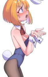 1girl absurdres alice_margatroid animal_ears blonde_hair blue_eyes blush bow bowtie breasts cleavage commentary_request cookie_(touhou) cowboy_shot detached_collar fake_animal_ears fake_tail grey_pantyhose highres leotard looking_afar open_mouth pantyhose playboy_bunny profile purple_eyes pyukasshori rabbit_ears rabbit_tail red_bow red_bowtie sharp_teeth short_hair simple_background small_breasts solo strapless strapless_leotard tail taisa_(cookie) teeth touhou v-shaped_eyebrows white_background wrist_cuffs