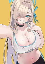 1girl absurdres asuna_(blue_archive) bare_shoulders black_pants blue_archive blue_eyes blue_halo blue_ribbon bra breasts brown_hair choker cleavage collarbone commentary hair_over_one_eye hair_ribbon halo highres large_breasts long_hair looking_at_viewer mole mole_on_breast nakano_kura navel pants ribbon smile solo sports_bra sweat underwear very_long_hair white_sports_bra