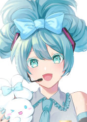 Rule 34 | 1girl, :d, ;3, absurdres, aqua eyes, aqua nails, aqua necktie, black sleeves, blue bow, blush, bow, cinnamiku, cinnamoroll, colored eyelashes, commentary request, detached sleeves, fingernails, frilled shirt, frills, fuwa fuwa cinnamoroll, grey hair, hair between eyes, hair bow, hatsune miku, headset, highres, hijiri (sacra 0419), miku day, nail polish, necktie, one eye closed, open mouth, sanrio, shirt, simple background, smile, tongue, updo, vocaloid, white background