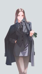1girl absurdres black_coat black_gloves black_jacket black_pantyhose black_ribbon blue_hair breasts brown_eyes brown_hair business_suit coat coat_on_shoulders collared_shirt colored_inner_hair commentary earrings forehead formal_clothes gloves grey_background grey_shirt grey_skirt hand_on_own_hip highres holding holding_gloves holding_unworn_clothes jacket jewelry knee_up lapels large_breasts light_blush long_hair long_sleeves looking_at_viewer miniskirt mole mole_under_eye multicolored_hair neck_ribbon notched_lapels nutzlos_(pixiv_97134174) original pantyhose pencil_skirt ribbon shirt side_slit skirt sleeve_cuffs smile solo standing suit suit_jacket two-tone_hair unworn_gloves