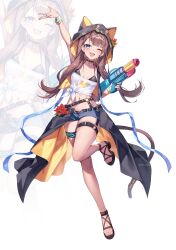 Rule 34 | 1girl, absurdres, alternate costume, animal ears, arknights, arm up, bare legs, bikini, black bikini, black choker, black hood, blue eyes, blue shorts, breasts, brown hair, choker, crop top, denim, denim shorts, fake animal ears, full body, highres, holding, holding water gun, hood, hooded jacket, jacket, leg up, long hair, looking at viewer, medium breasts, micro shorts, midriff, navel, one eye closed, open fly, open mouth, pepe (arknights), sandals, shirt, shorts, side-tie shirt, simple background, skindentation, sleeveless, sleeveless jacket, smile, solo, string bikini, swimsuit, thigh strap, ugwa, waist cape, water gun, white background, white shirt, zoom layer