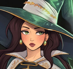 Rule 34 | 1girl, artist name, black gloves, cape, close-up, closed mouth, dress, emma torres, gloves, green eyes, hat, highres, kuridel black, long hair, looking to the side, royalty witches, solo, spanish commentary, sparkle, very long hair, wavy hair, witch hat