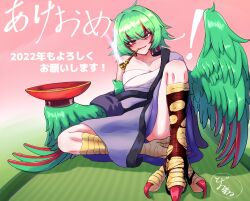 1girl bird_legs blush breasts chest_sarashi cleavage commentary_request cup feathered_wings feathers green_feathers green_hair green_wings hair_between_eyes harpy highres holding holding_cup japanese_clothes kimono long_hair looking_at_viewer monster_girl mouth_hold multicolored_hair open_mouth original pipe_in_mouth purple_kimono red_eyes red_hair sakazuki sarashi sitting small_breasts smoking smoking_pipe solo talons togenomaru torn_clothes torn_socks translation_request two-tone_hair winged_arms wings yellow_eyes