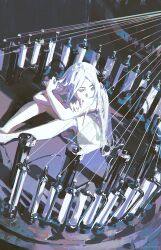 Rule 34 | 1girl, absurdres, barefoot, black horns, bottomless, dress, grabbing own hair, grey eyes, hair over shoulder, highres, horns, long hair, looking to the side, original, shadow, single horn, sitting, sleeveless, sleeveless dress, solo, sorrowny, turning head, white dress, white hair