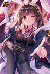 1girl absurdres animal_ears black_leotard black_pantyhose breasts brown_hair cherry_blossoms commentary copyright_logo fingernails hagoromo hair_ornament hand_on_own_hip highres indoors kaguyahime_(mahjong_soul) layered_sleeves leotard looking_at_viewer mahjong_soul medium_breasts mirror_hair_ornament moon night official_art one_eye_closed pantyhose pointing pointing_at_viewer rabbit_ears red_eyes shawl solo starry_sky_print thigh_strap yuzuna_hiyo