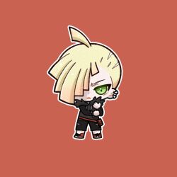 1boy ahoge black_hoodie black_shorts blonde_hair chibi ear_piercing full_body gladion_(pokemon) green_eyes hair_over_one_eye hand_on_own_arm highres hood hood_down hoodie jatarism07 male_focus nintendo open_mouth outline piercing pokemon pokemon_sm red_background red_bag red_shoes shoes shorts simple_background solo standing torn_clothes torn_shorts v-shaped_eyebrows white_outline