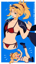 1girl artist_name bikini black_coat black_footwear black_trim blonde_hair blue_background braid breasts closed_eyes coat commentary_request cowboy_shot denim denim_shorts eyewear_on_head fang fate/grand_order fate_(series) food food_in_mouth front-tie_bikini_top front-tie_top green_eyes hair_ornament hair_scrunchie hairband half_up_braid hand_on_own_hip highres leg_up looking_at_viewer lying meiji_ken mordred_(fate) mordred_(swimsuit_rider)_(fate) mordred_(swimsuit_rider)_(first_ascension)_(fate) multiple_views navel on_back open_mouth parted_bangs pointing pointing_at_self ponytail popsicle popsicle_in_mouth red_bikini red_hairband red_scrunchie scrunchie shorts side-tie_bikini_bottom sidelocks simple_background small_breasts sunglasses swimsuit tantrum wristband