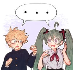 ... 1boy 1girl ahoge blonde_hair blue_eyes blush coke-bottle_glasses collared_shirt confessions_of_a_rotten_girl_(vocaloid) cross_hair_ornament drooling gakuran glasses green_hair hair_ornament hatsune_miku highres himedanshi kagamine_len long_hair looking_at_another m4ycrowave open_mouth plaid_clothes plaid_skirt plus_danshi_(vocaloid) school_uniform shirt short_hair short_sleeves skirt songover speech_bubble tissue_in_nose twintails very_long_hair vocaloid white_background white_shirt
