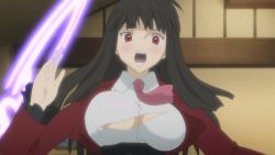 00s 1girl :o animated animated_gif arm_up attack black_hair blade blunt_bangs blush bouncing_breasts breasts cleavage cleavage_cutout clothing_cutout cutting female_focus glowing hime_cut indoors jacket jiggle large_breasts long_hair long_sleeves lucifer_(umineko) magic necktie no_bra open_mouth red_eyes shirt solo stakes_of_purgatory surprised tearing_clothes torn_clothes umineko_no_naku_koro_ni weapon white_shirt