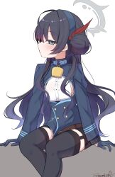1girl ako_(blue_archive) ako_(blue_archive)_(cosplay) bell black_garter_straps black_hair black_thighhighs blue_archive blue_gloves blue_hairband blue_jacket braid braided_bun cosplay cowbell double_bun flat_chest garter_straps gloves grey_eyes grey_halo hair_bun hair_down hairband half_gloves halo highres jacket kisaki_(blue_archive) long_hair neck_bell sazamiso_rx sideless_outfit sideless_shirt sitting solo thighhighs very_long_hair