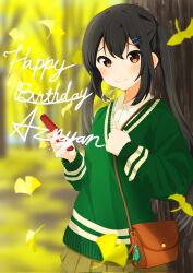 1girl autumn autumn_leaves bag birthday black_hair blush brown_eyes button_shirt cellphone closed_mouth dark_skin dot_nose english_text female_focus hair_ornament hairclip handbag happy_birthday highres holding holding_cellphone holding_phone k-on! leaf long_hair long_sleeves looking_at_viewer mocchi4101204 nakano_azusa outdoors phone smile solo standing twintails