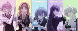 5girls absurdres artist_request bang_dream! bang_dream!_it&#039;s_mygo!!!!! black_gloves black_jacket black_vest blue_background blue_eyes blue_necktie brown_eyes brown_hair chihaya_anon chinese_commentary cocktail_glass cocktail_shaker column_lineup commentary_request commission cup diagonal-striped_clothes diagonal-striped_necktie drinking_glass earrings fang gloves green_background grey_eyes grey_hair hair_between_eyes hair_ornament hairclip heterochromia highres ice ice_cube jacket jewelry kaname_raana licking_lips long_hair long_hair_between_eyes long_sleeves multiple_girls muonrei00 mygo!!!!!_(bang_dream!) nagasaki_soyo necktie open_mouth pink_background pink_hair pink_necktie ponytail purple_background purple_eyes second-party_source shiina_taki shirt short_hair sidelocks single_earring striped_clothes takamatsu_tomori three-quarter_sleeves tie_clip tongue tongue_out vest watermark weibo_watermark white_shirt yellow_background yellow_necktie