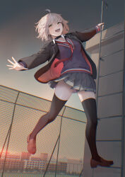1girl ahoge black_jacket black_thighhighs blue_sweater breasts brown_shoes chain-link_fence choker collared_shirt fate/grand_order fate_(series) fence full_body grey_hair grey_skirt jacket jeanne_d&#039;arc_alter_(fate) large_breasts long_sleeves looking_at_viewer nakaga_eri necktie open_mouth pseudo-tokyo_school_uniform school_uniform shirt shoes short_hair skirt smile solo sweater thighhighs white_shirt yellow_eyes