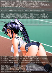 1girl all_fours angry ass back blue_eyes blue_hair blush covered_erect_nipples hair_ribbon himeko japanese_text kneehighs looking_back onna_kishi_no_shiro open_mouth ponytail ribbon scrunchie shoes socks sports_bikini sports_bra sportswear sweatdrop text_focus thighs track_and_field track_uniform translation_request wrist_scrunchie