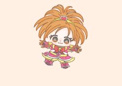 Rule 34 | 1girl, :3, belt, belt buckle, big hair, black gloves, black leotard, black shoes, bow, bowtie, brooch, brown eyes, brown hair, buckle, chibi, closed mouth, commentary, cropped shirt, cure bloom, dot nose, earrings, eyelashes, flower skirt, frilled arm warmers, frilled leg warmers, futari wa precure splash star, gloves, hair ornament, hairband, happy, heart, heart-shaped buckle, heart brooch, heart earrings, heart hair ornament, heart print, hyuuga saki, ichigo usuhana, jewelry, leg warmers, leotard, leotard under clothes, light blush, looking at viewer, magical girl, medium hair, miniskirt, orange background, outstretched arms, pink arm warmers, pink bag, pink leg warmers, pink shirt, pink skirt, precure, red bow, red bowtie, shirt, shoes, short sleeves, simple background, skirt, skirt set, smile, solo, tareme, waist bag, yellow belt, yellow brooch, yellow hairband