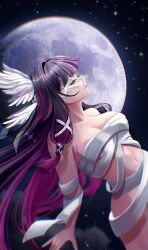 Rule 34 | 1girl, absurdres, bandages, bare shoulders, black hair, breasts, chest sarashi, cleavage, closed eyes, columbina (genshin impact), genshin impact, highres, medium breasts, mizurane, moon, multicolored hair, navel, night, night sky, outdoors, purple hair, sarashi, sky, solo, streaked hair