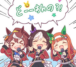 &gt;_&lt; 3girls ^_^ animal_ears ascot blue_bow blue_bowtie bow bowtie brown_hair closed_eyes emphasis_lines hairband holding holding_microphone horse_ears horse_girl jacket long_hair long_sleeves microphone multiple_girls music notes_of_grandeur_(umamusume) open_mouth orange_hair ponytail red_jacket shared_speech_bubble silence_suzuka_(umamusume) singing special_week_(umamusume) speech_bubble tokai_teio_(umamusume) tomato_mameta translation_request umamusume white_ascot white_hairband