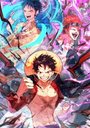 3boys abs black_hair chest_tattoo clenched_hands commentary_request eustass_kid facial_hair goatee goggles goggles_on_head haki_(one_piece) hat highres looking_at_viewer looking_to_the_side male_focus monkey_d._luffy multiple_boys one_piece open_mouth red_eyes red_hair sc_scandium scar scar_on_face shirt straw_hat tattoo trafalgar_law yellow_shirt