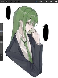Rule 34 | 1boy, art program in frame, black jacket, blank speech bubble, brown eyes, collared shirt, dress shirt, from side, green hair, highres, jacket, kotika, lapels, lobotomy corporation, long hair, male focus, netzach (project moon), profile, project moon, shirt, solo, speech bubble, white shirt