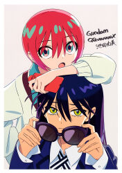 2girls absurdres amate_yuzuriha aqua_eyes artist_name border chin_rest collared_shirt copyright_name grey_background gundam gundam_gquuuuuux head_on_head head_rest highres holding holding_phone holding_removed_eyewear ikeda_yumi jacket long_hair looking_at_viewer multiple_girls nyaan_(gundam_gquuuuuux) official_art open_mouth phone purple_hair red_hair scan school_uniform shirt short_hair simple_background sunglasses sweater third-party_source unworn_eyewear upper_body white_border yellow_eyes