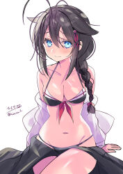 Rule 34 | 1girl, absurdres, admiral (kancolle), ahoge, bare shoulders, blue eyes, blush, braid, breasts, brown eyes, cleavage, frown, hair flaps, hair ornament, hairclip, highres, hizaka, looking at viewer, medium breasts, navel, sarong, shigure (kancolle), shigure kai ni (kancolle), shigure kai ni (swimsuit) (kancolle), single braid, solo